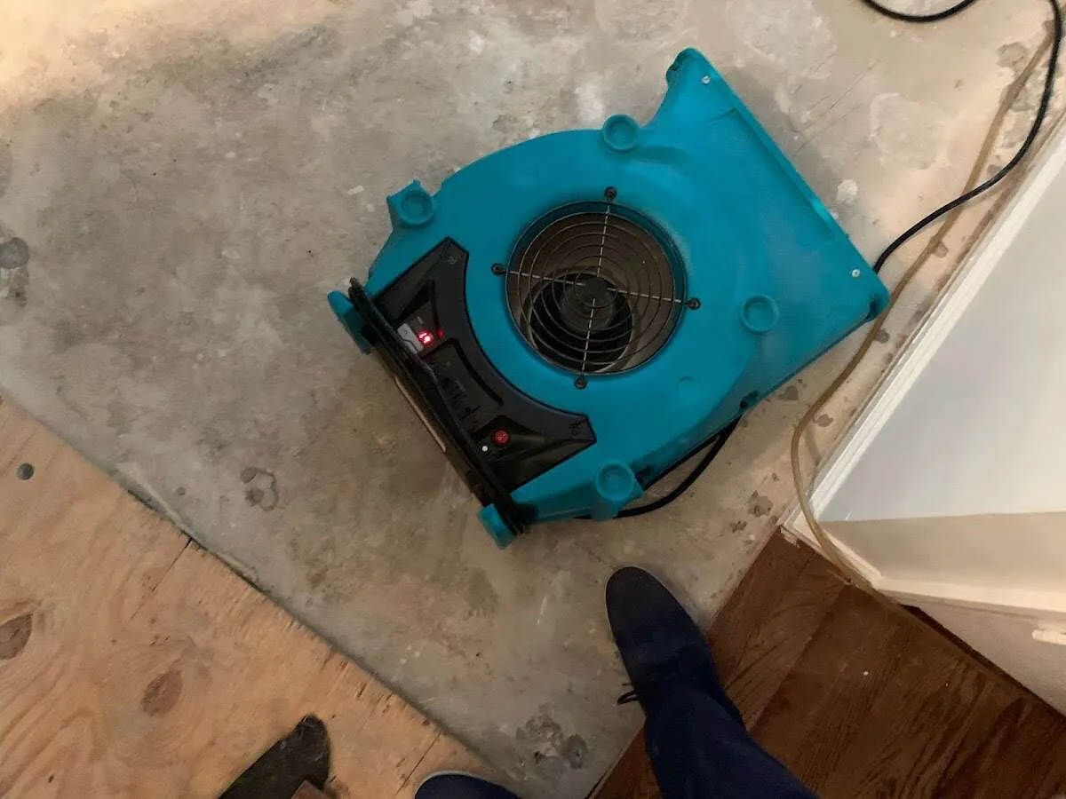 Air mover drying subfloor during Leak Detection & Repair in Creswell
